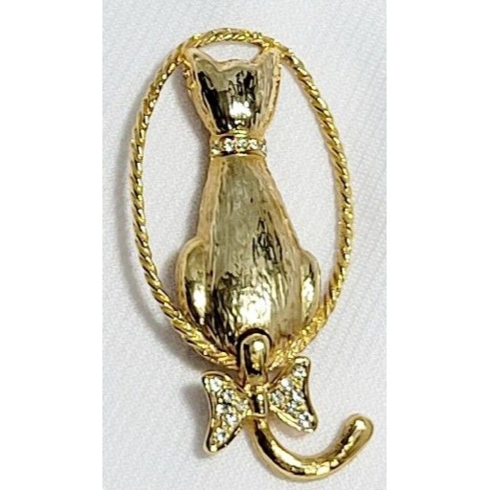 Vintage Gold Tone Pin Brooch Cat with Articulated Tail Rhinestones 2.5"